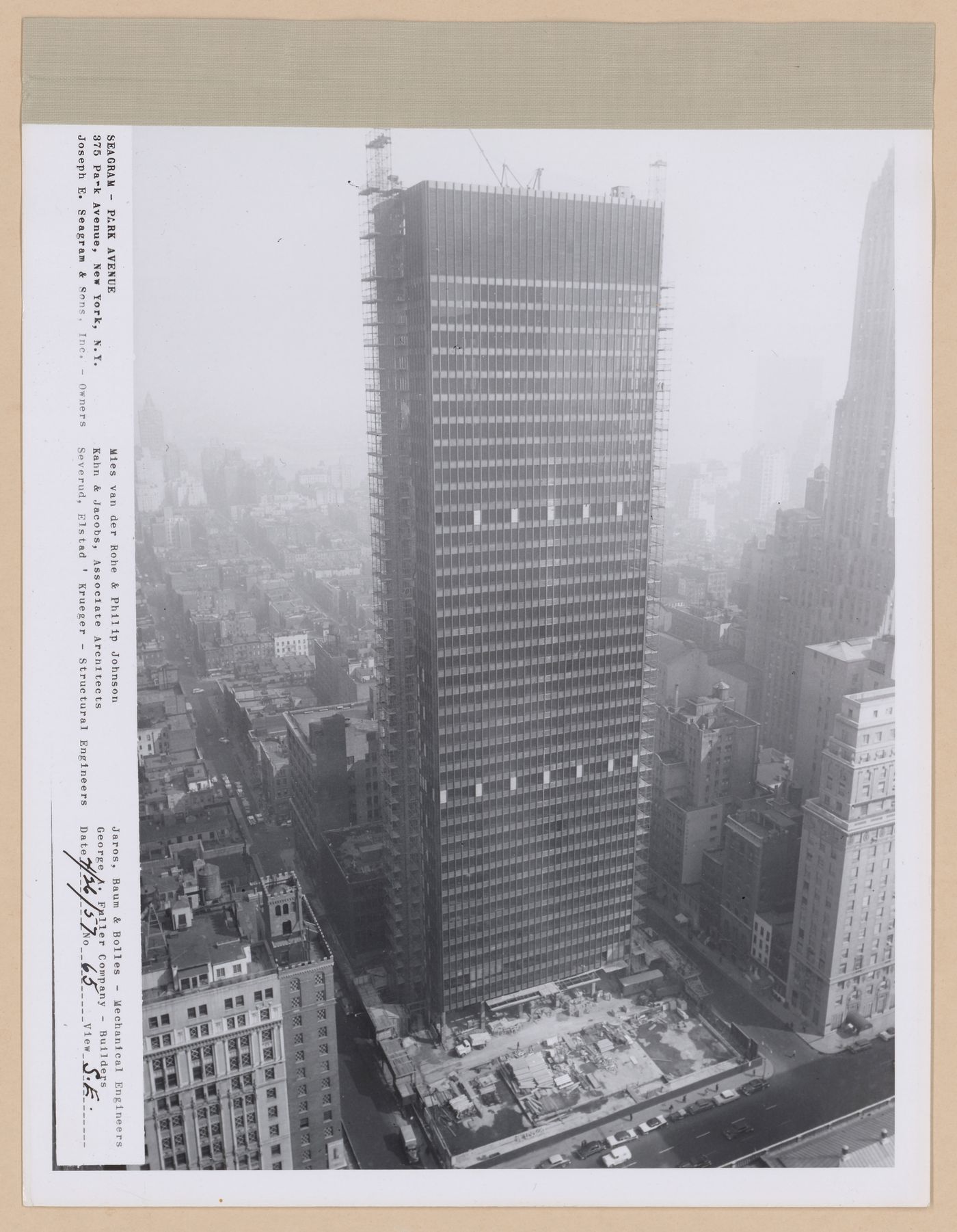 Seagram building under construction, 375 Park avenue, New York, N.Y., south-east view