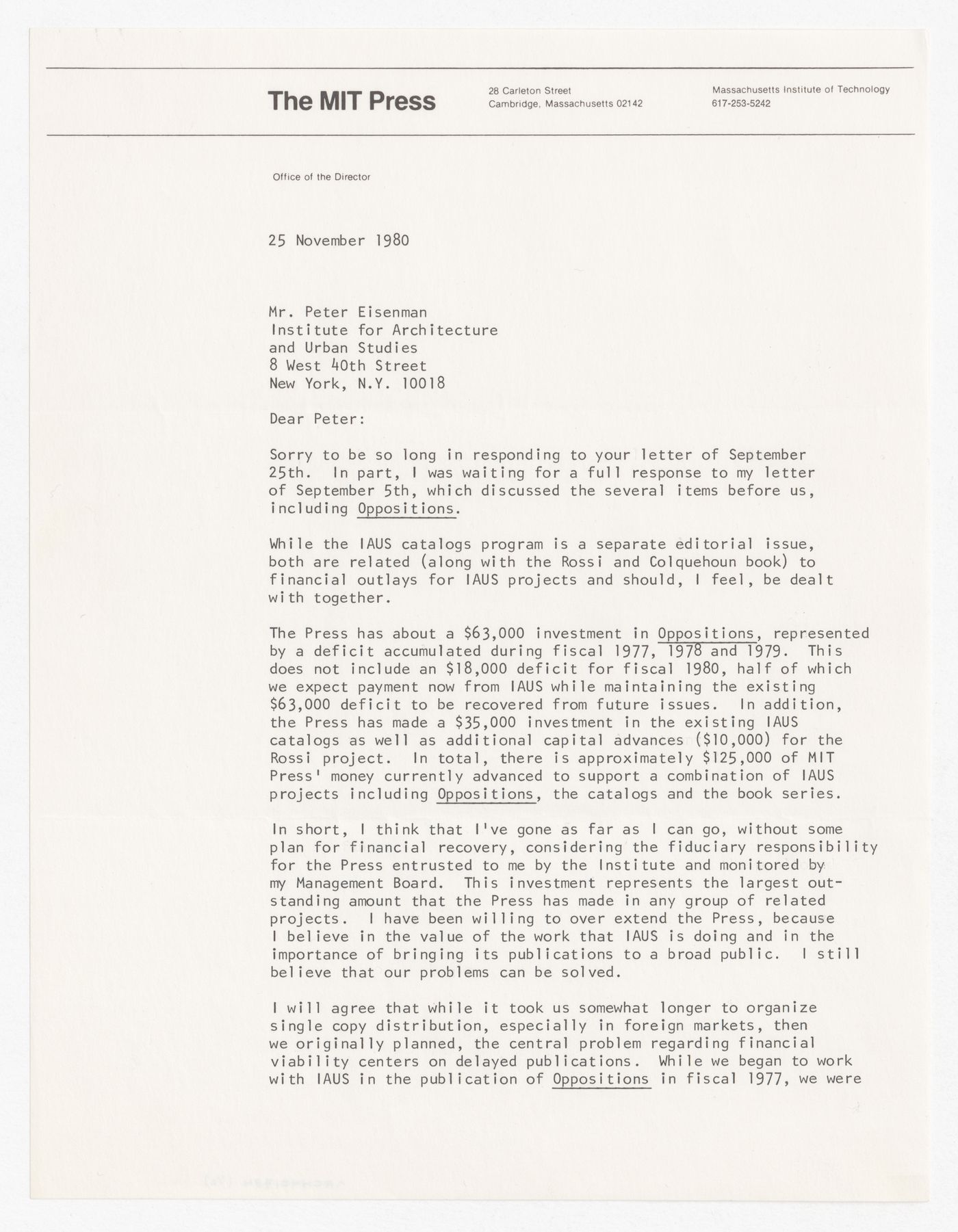 Letter from Frank Urbanowski to Peter D. Eisenman about financial status of Oppositions Journal