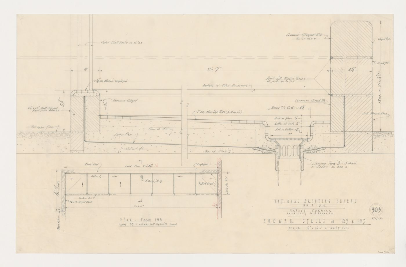 Plan et détails des cabines de douche, Imprimerie Nationale du Canada, Hull, Québec, Canada