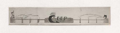 Photograph of a student drawing and a model for the exercise "Design of Surface. Holiday Decoration of the Viaduct on Kalanchevskaia Square in Honor of the 1 May" for the "Space" course at the Vkhutein (Moscow Higher Technical Institute), Moscow