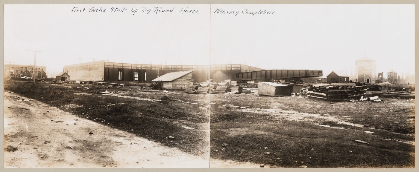 Panorama of the Canadian Pacific Railroad Company Roundhouse under construction showing the first twelve stalls near completion, Coquitlam (now Port Coquitlam), British Columbia