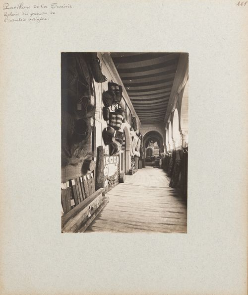 View of exhibition presented by the Direction de l'agriculture et du commerce, Tunisian section, Exposition universelle, 1900, Paris, France