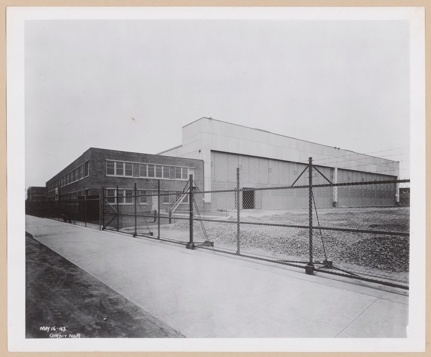 View of the south and west façades of the addition to the Administration Building, United Aircraft Corporation Chance-Vought Airplane division Assembly Plant, Stratford, Connecticut