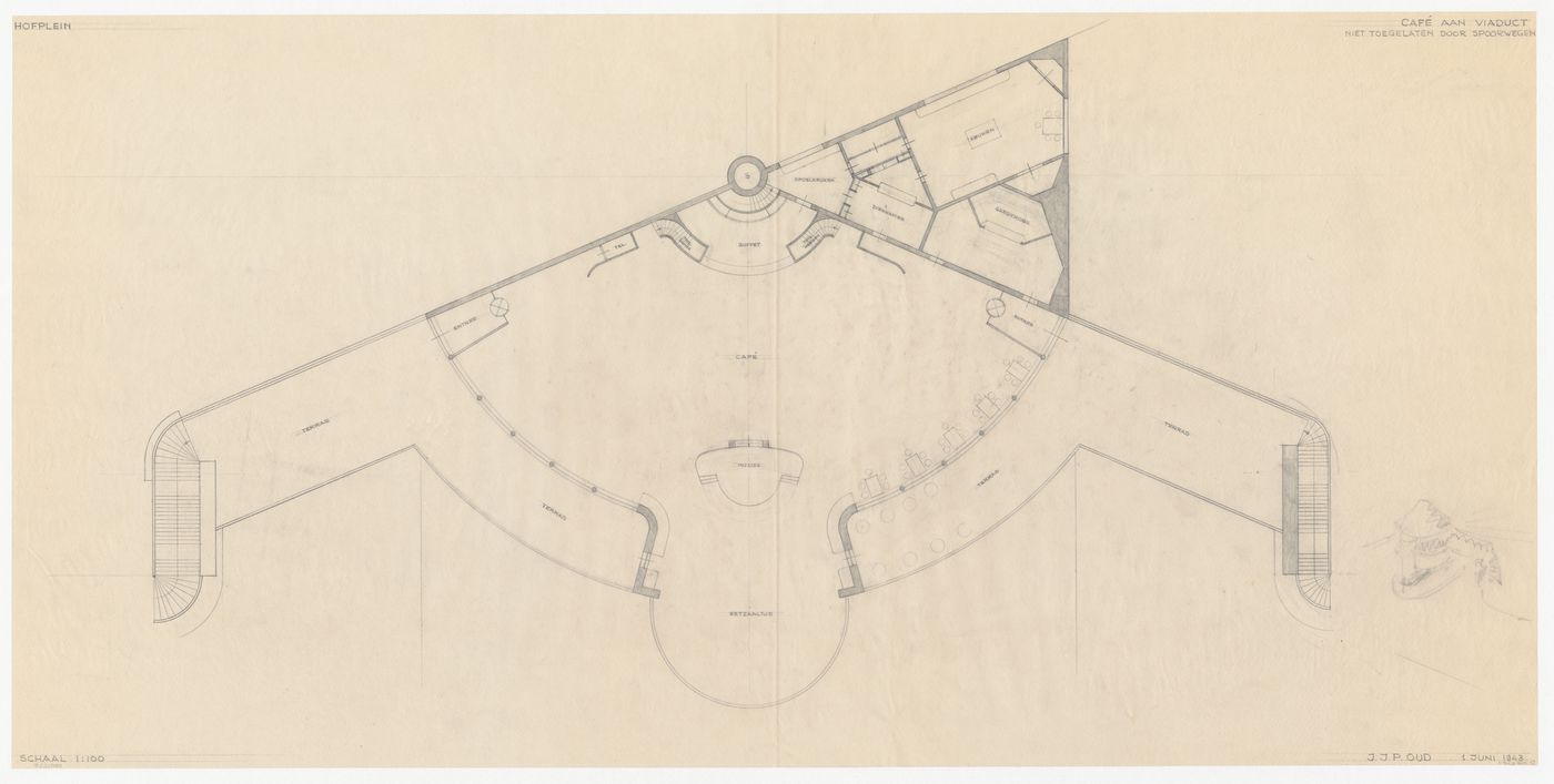 Plan and sketch perspective for Café Viaduct for the reconstruction of the Hofplein (city centre), Rotterdam, Netherlands