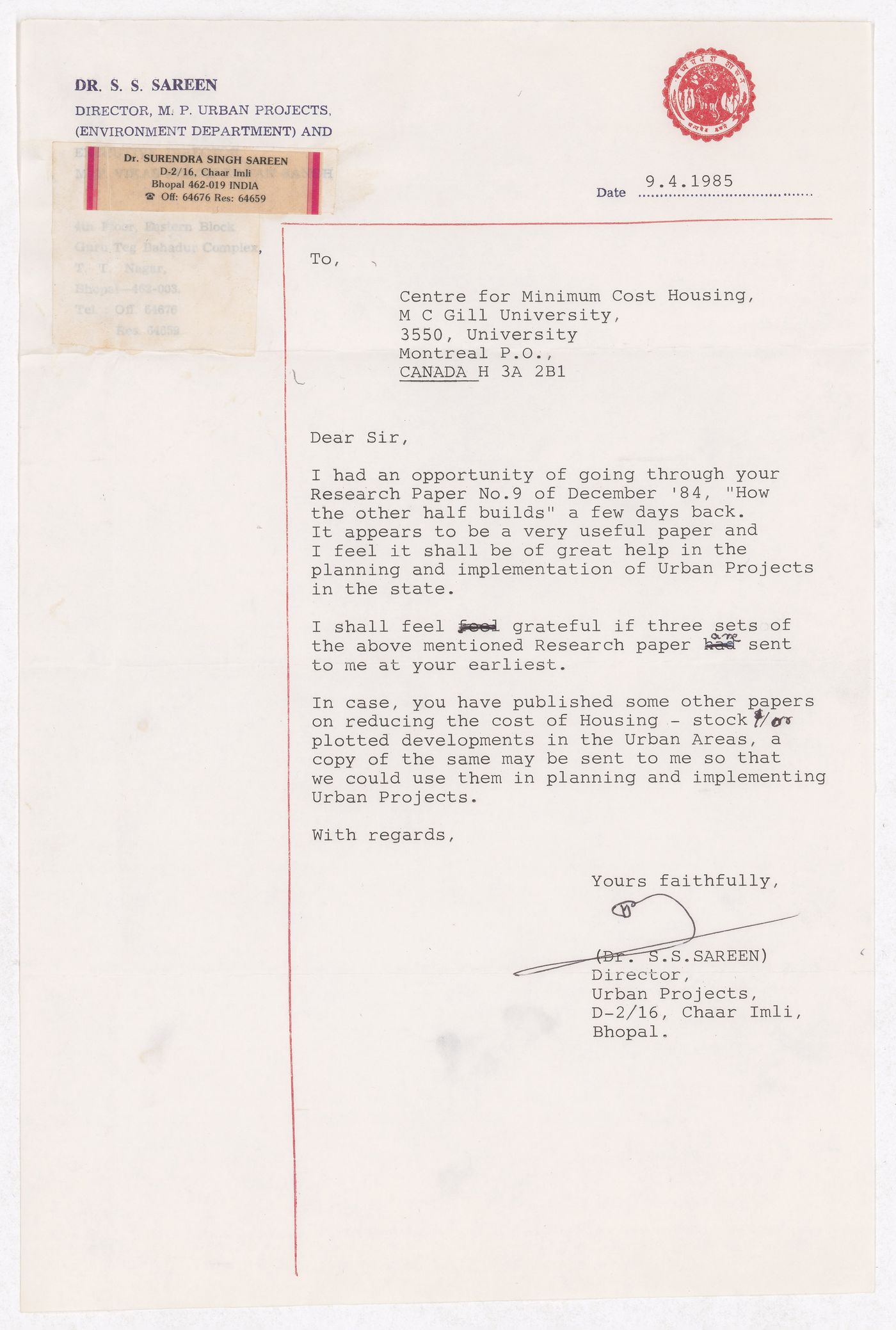 Letter of Dr S.S. Sareen to Vikram Bhatt about the publication "How the Other Half Builds"
