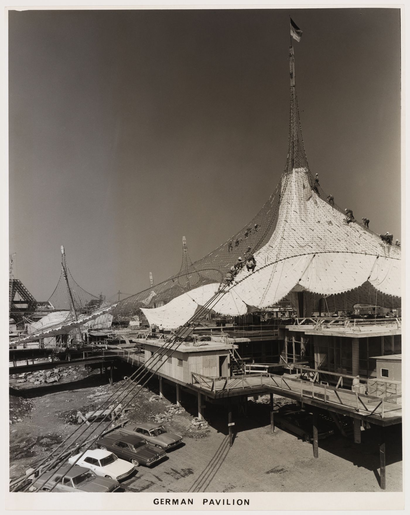 View of the German Pavilion as its construction stage, Expo 67, Montréal, Québec