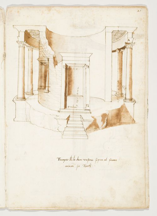 Perspectival view and section of the so-called Temple of Vesta in Tivoli; verso: Six drawings of details of the so-called Temple of Vesta in Tivoli