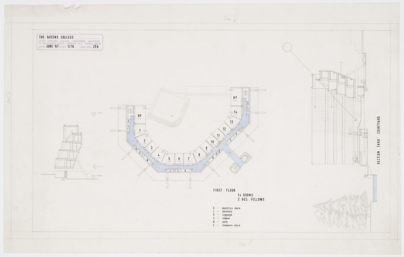 Florey Building, Queen's College, University of Oxford, Oxford, England: sections and first floor plan