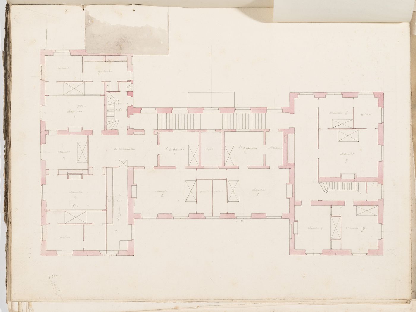 Project no. 7 for a country house for comte Treilhard: Partial first floor plan; verso: Project no. 7 for a country house for comte Treilhard: First floor plan