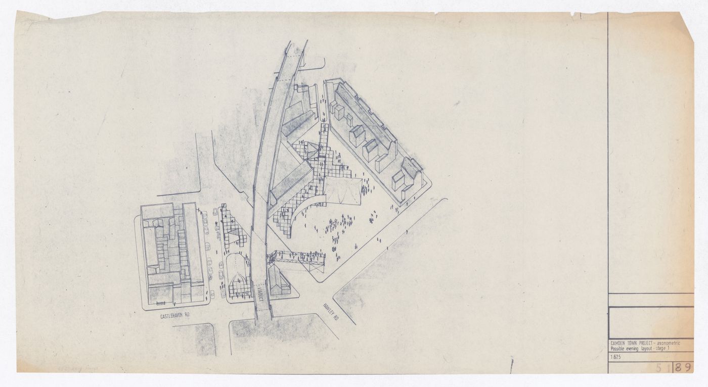 Axonometric for the Camden Town project, possible evening layout stage 1, Fun Palace