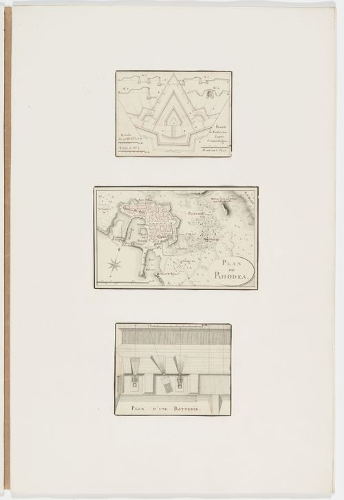 Partial plan and sections of fortifications; Map of Rhodes; Plan of a battery