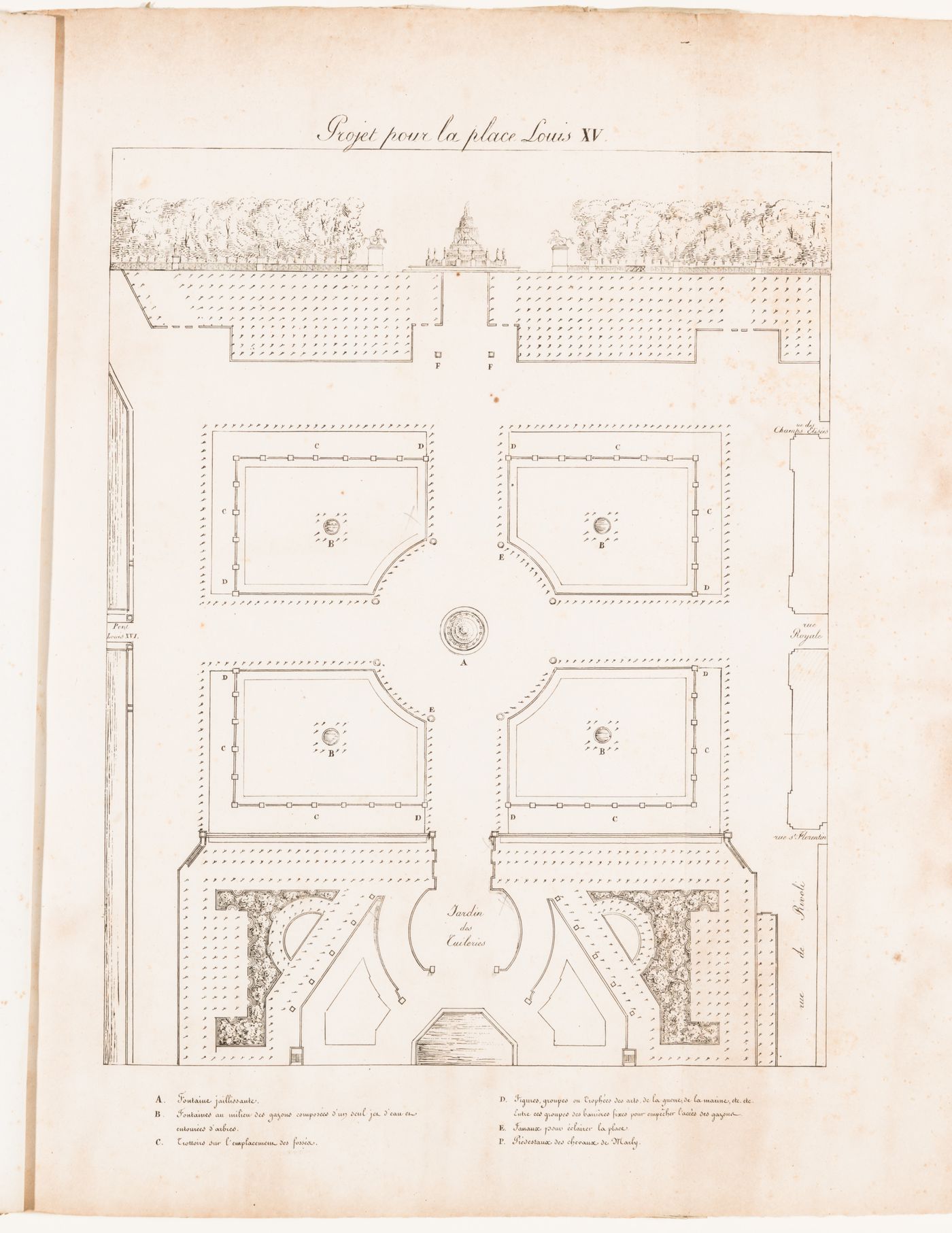 Plan and elevation for place Louis XV with five fountains and a promenade bordered by a row of sculptures