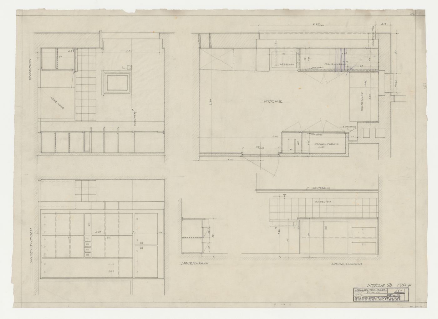 Plan and elevations for a type F kitchen for a housing unit, Hellerhof Housing Estate, Frankfurt am Main, Germany