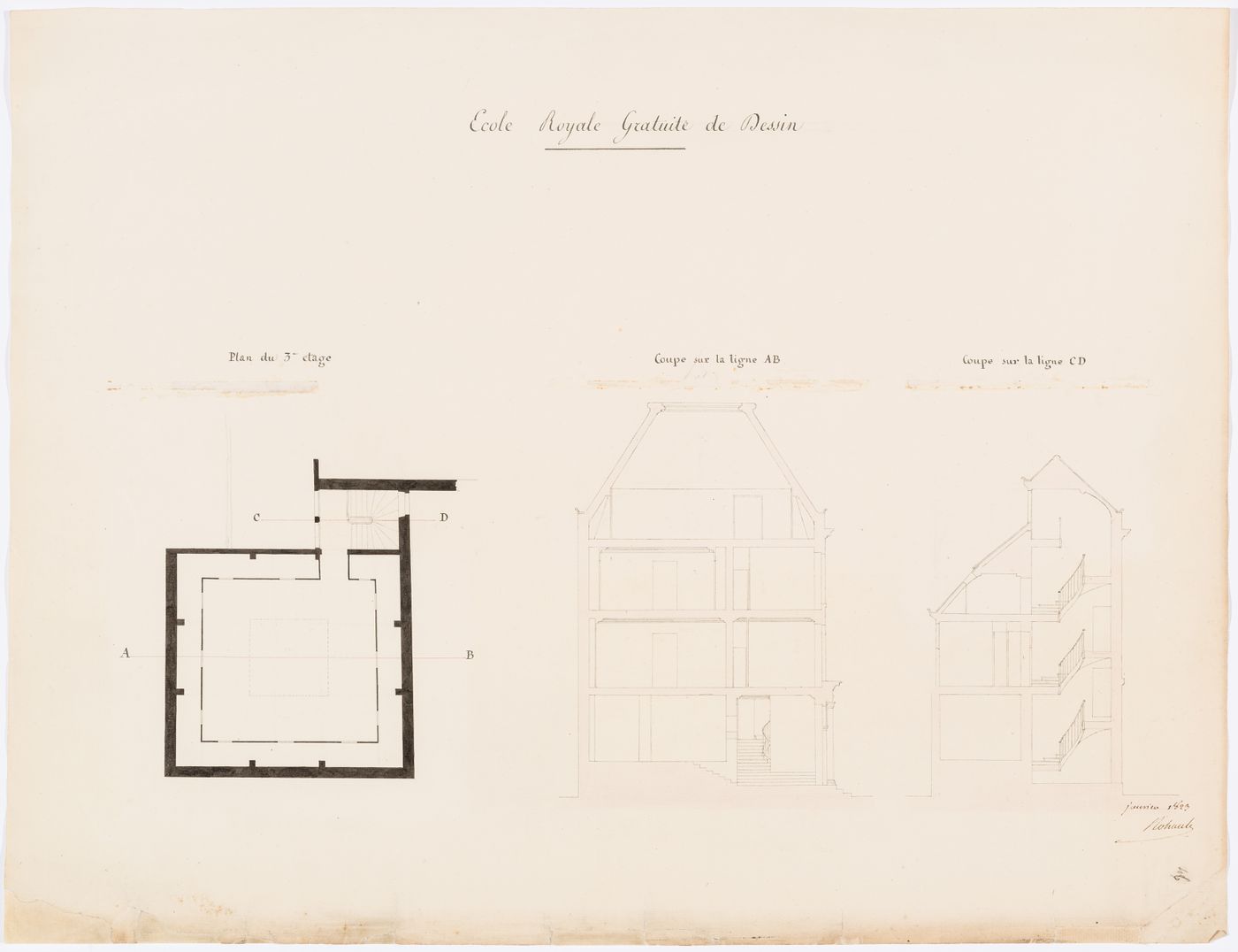 Project for the redevelopment of the École de médecine and surrounding area, Paris: Partial cross sections and plan for the "3e étage" for the École royale gratuite de dessin