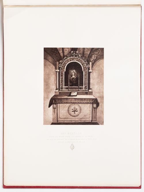 Photograph of a rendering of the Thirteenth Station of the Cross showing the altar constructed on the rock where the Virgin Mary stayed during the crucifixion and represents where Jesus was laid in her arms, Jerusalem, Ottoman Empire (now in Israel)