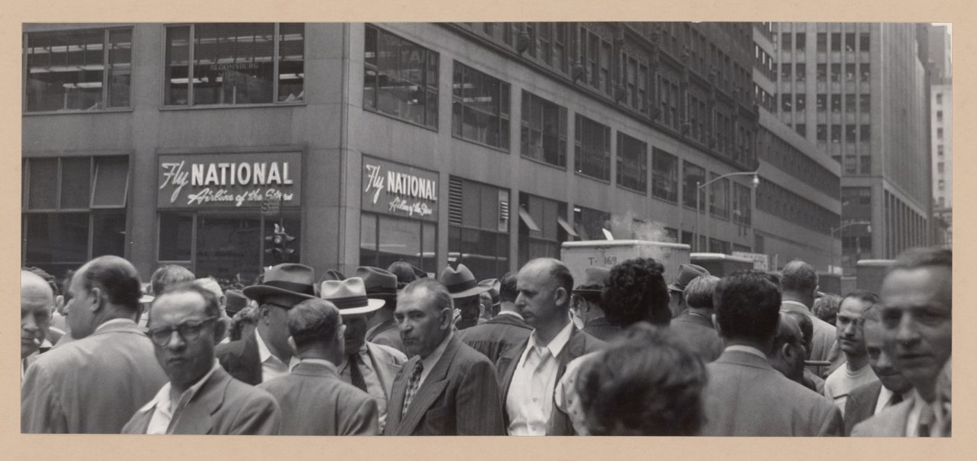 Panoramic view of a crowded street in the garment district, New York City, New York