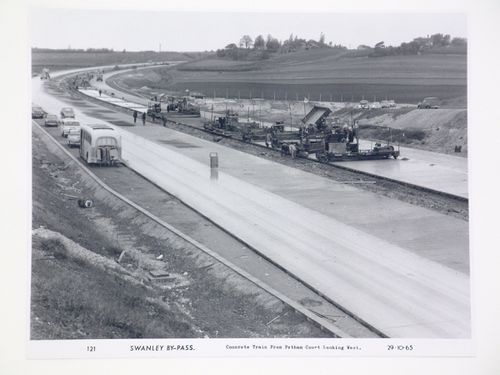 View of concrete train from Petham Court looking west, during construction of the Swanley Bypass, England