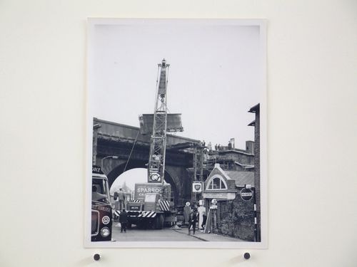 View of remvoing outer main girder over Chalk Hill, Bushey Bridge, England