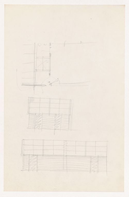 Partial sketch elevations for interior walls and sketch plan for the Gymnasium