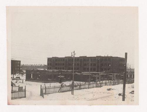 View of the principal façade of housing under construction, Stalinsk, Soviet Union (now Novokuznetsk, Russia)