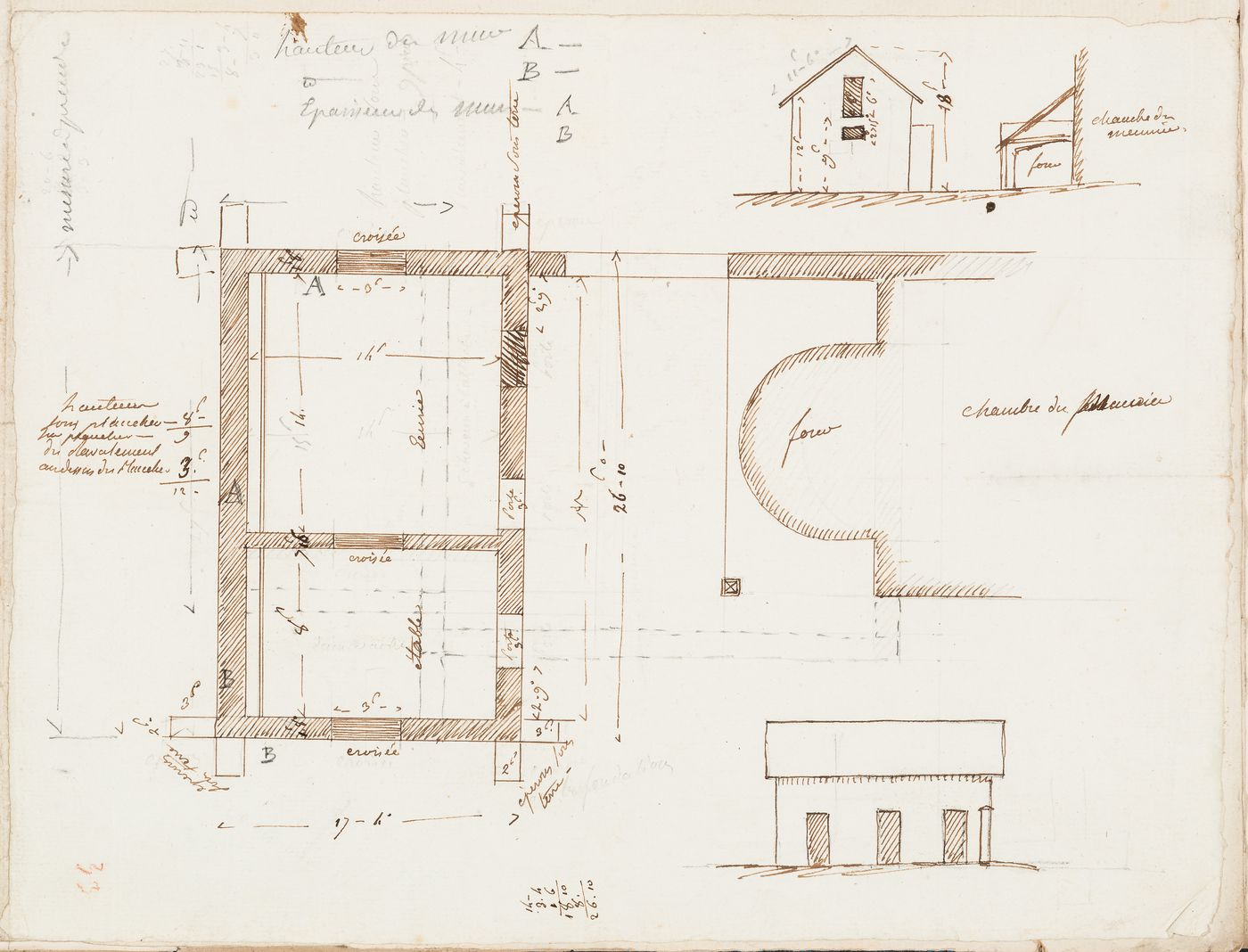 Plan, section and elevations for a stable and cowshed, probably for Domaine de La Vallée