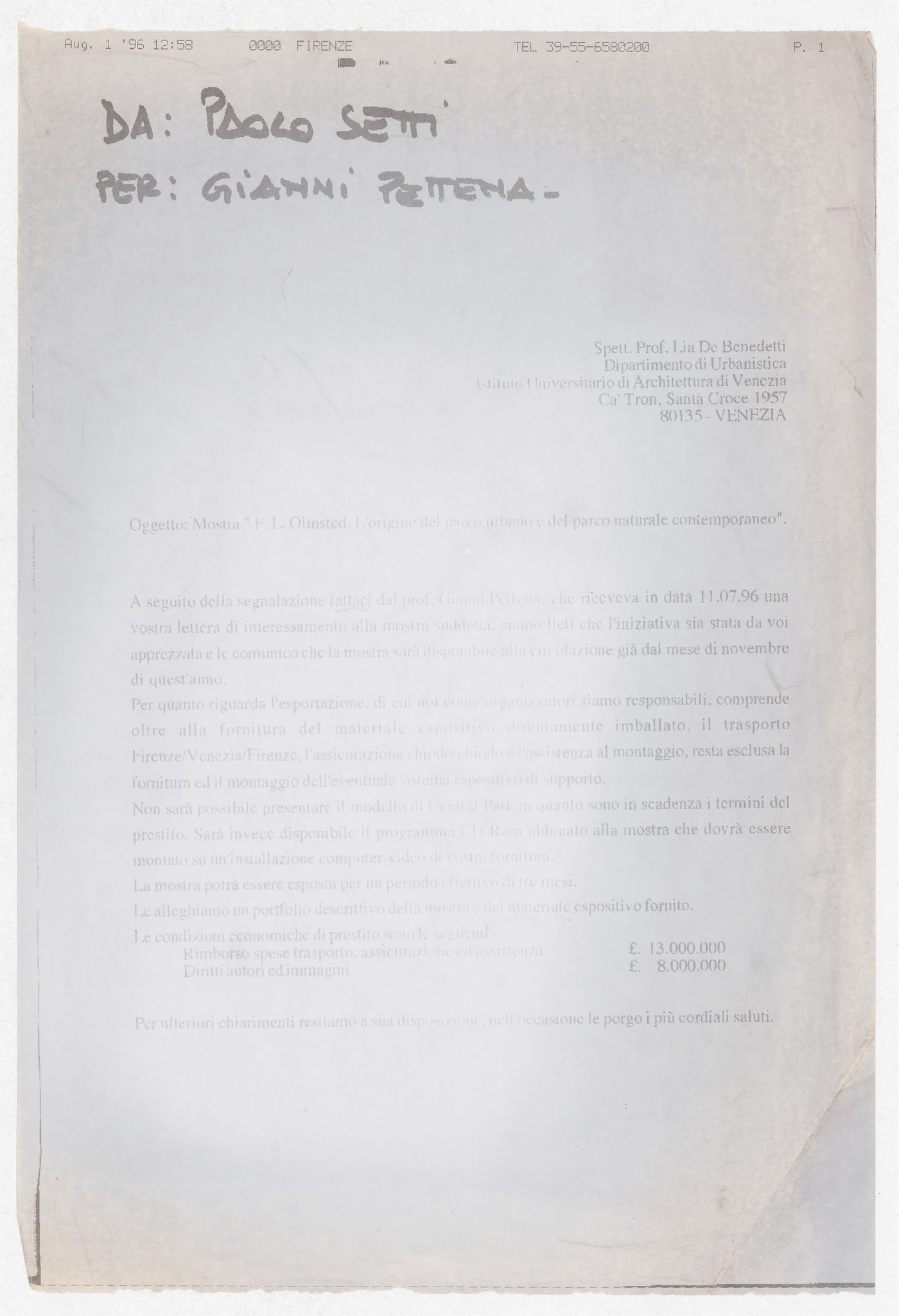 Correspondence with Professor Ila de Benedetti for the exhibition Olmsted: L'origine del parco urbano e del parco naturale contemporaneo