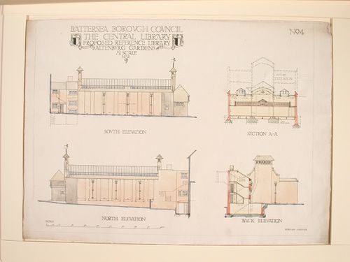 North, south, and back elevations, with section AA for the proposed reference library, Battersea Borough