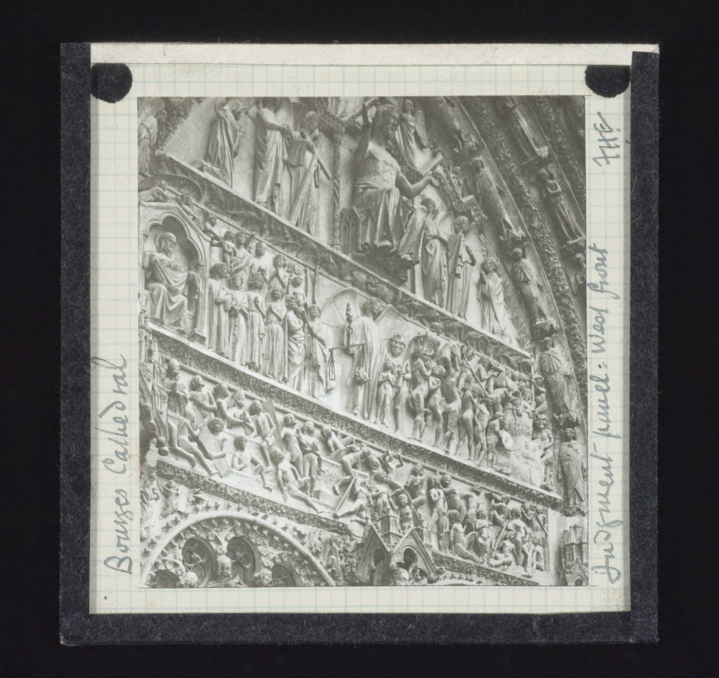 Side view of Judgment Day panels of west portal of Cathédrale Saint-Etienne de Bourges, Bourges, France