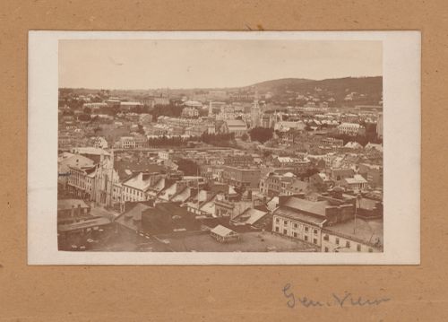 View of Montréal, possibly from a tower of Basilique Notre-Dame, with Mount Royal in the background, Canada (now Québec, Canada)