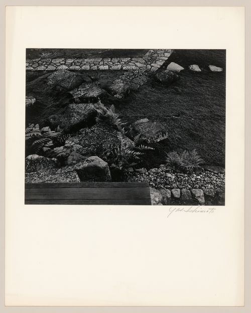 View of paving stones, stepping-stones, plants and moss showing a corner of the wooden step to the broad veranda of the Old Shoin, Katsura Rikyu (also known as Katsura Imperial Villa), Kyoto, Japan