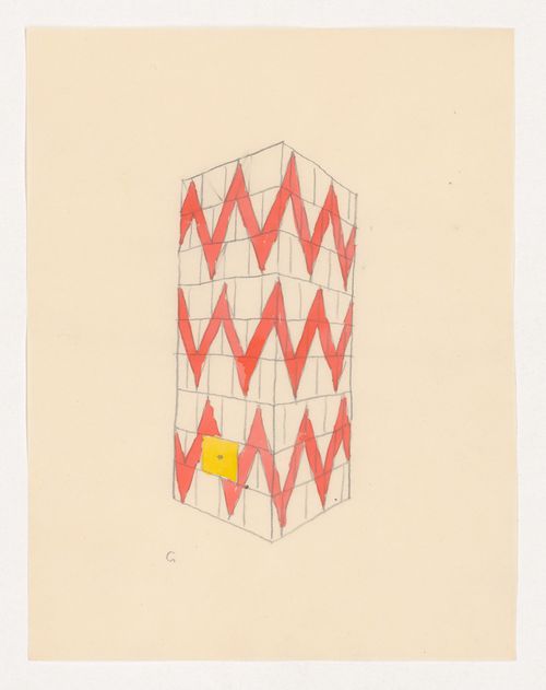 Perspective sketch for a tiled stove decorated with a red zigzag pattern