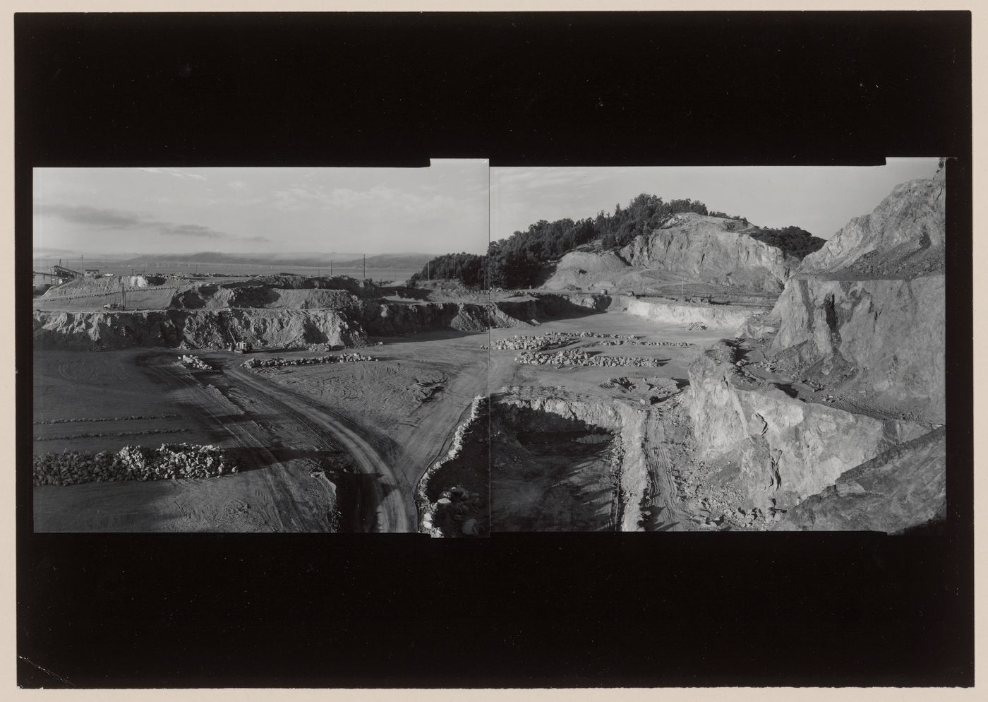 Panoramic composite photograph of the San Rafael Rock Quarry with San Francisco Bay in the background, Point San Pedro, San Rafael, Marin County, California, United States