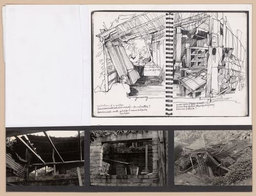 Presentation panel with sketchbook pages, and photographs of a partially destroyed house for the Urban Upgrading project La Esperanza, in Zihuatanejo, Mexico