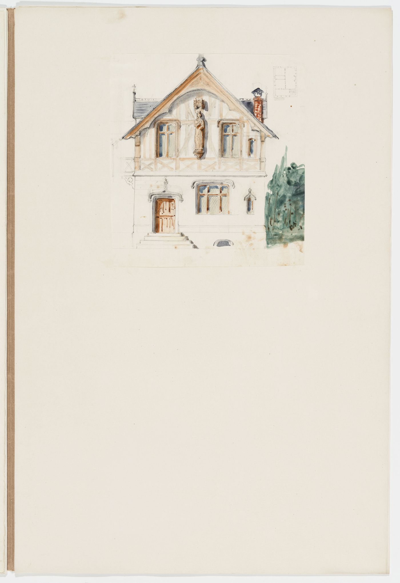 Elevation with thumbnail plan of a half-timbered house