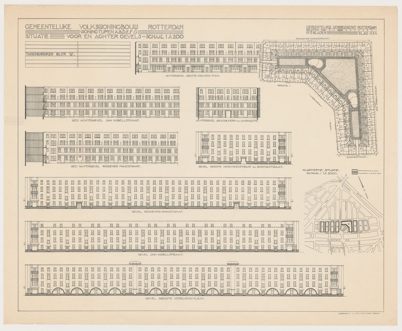 Site plans and principal and rear elevations for Block 5, Tusschendijken Housing Estate, Rotterdam, Netherlands