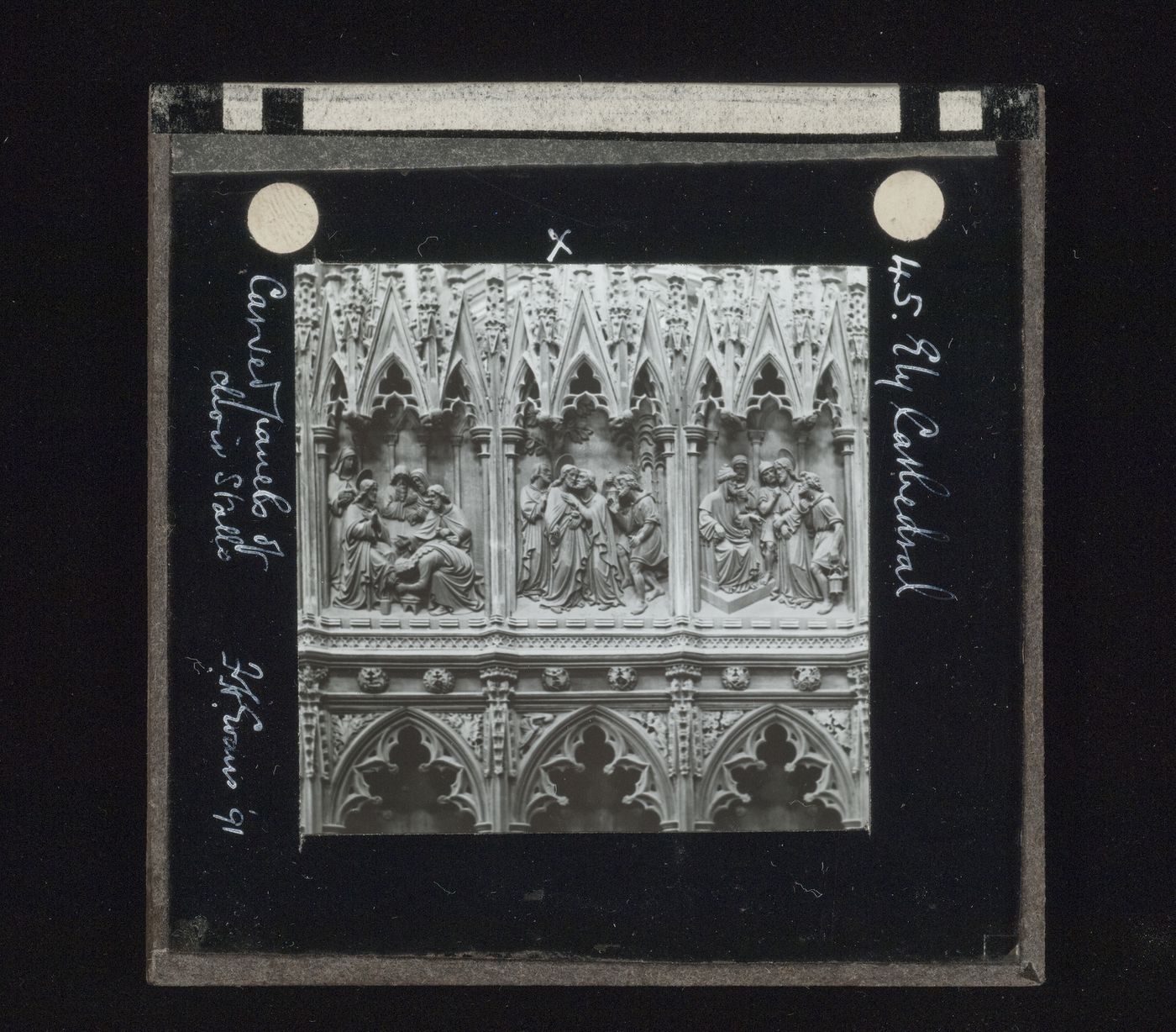 View of carved panels of a choir stall in Ely Cathedral, Ely, Cambridgeshire, England