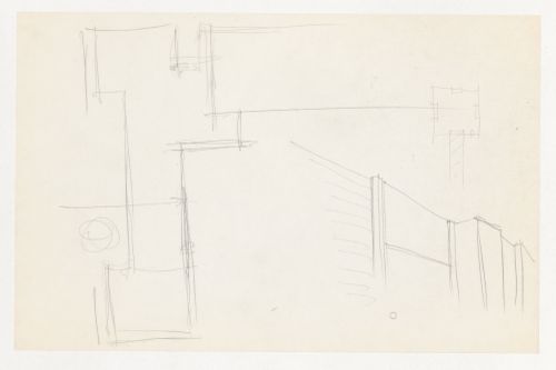 Interior perspective sketch showing a column, window mullion and wall connections and sketch sectional details for the Metallurgy Building, Illinois Institute of Technology, Chicago