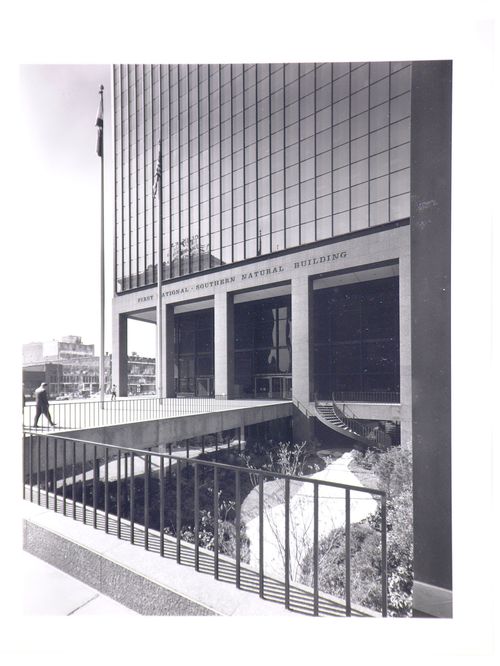 Close-up view of the entrance of the First National Southern Natural building, Birmingham, Alabama, United States