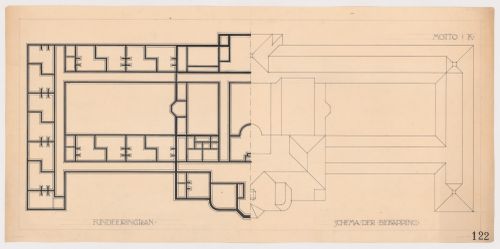 Competition drawing showing a partial foundation plan and partial roof plan for a retirement home, Hilversum, Netherlands
