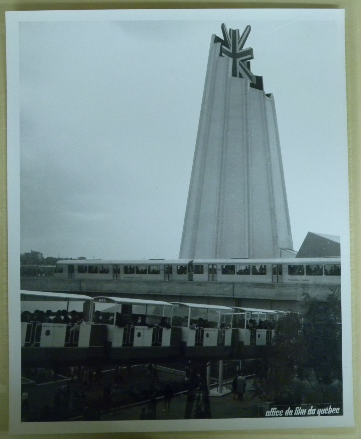 View of the minirail with the Great Britain Pavilion in background, Expo 67, Montréal, Québec