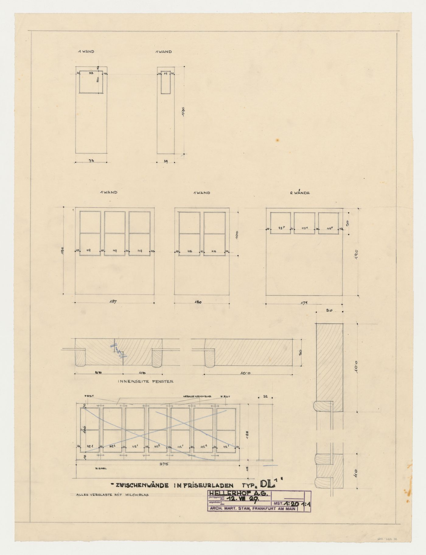 Elevations, and sections for a partition wall in a type DL beauty shop, Hellerhof Housing Estate, Frankfurt am Main, Germany