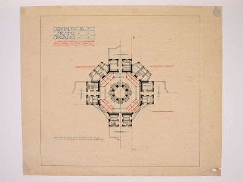 Plan of the fifth and sixth floors for a cruciform-plan hotel