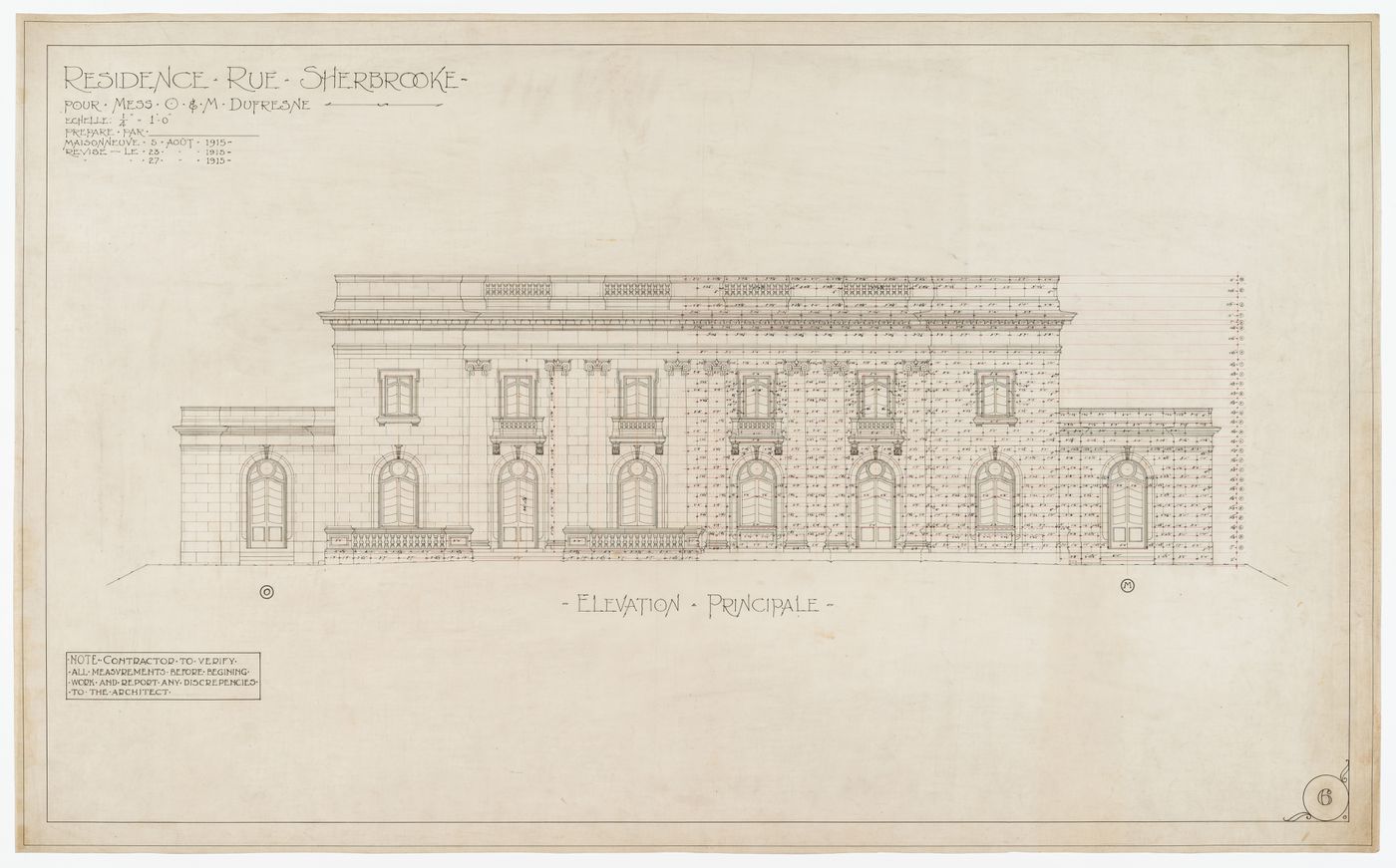 Résidence pour Oscar et Marius Dufresne, rue Sherbrooke, Montréal, Québec : élévation principale