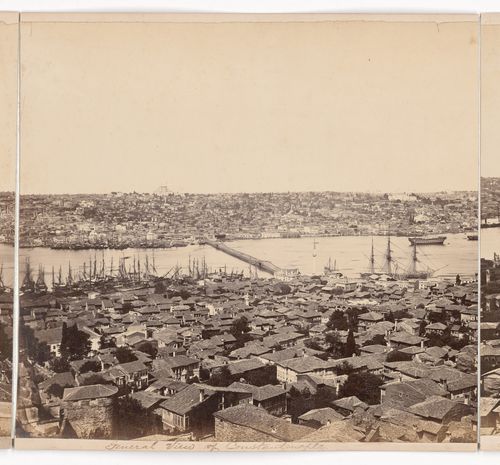 Partial view of Constantinople showing the Haliç (also known as the Golden Horn), Azapkapi Camii, the Unkapani Bridge (also formerly known as the Cisr-i Atik [Old Bridge]; now Ataturk Bridge), Fatih Camii (also known as Sultan Mehmet Fatih Camii) and the