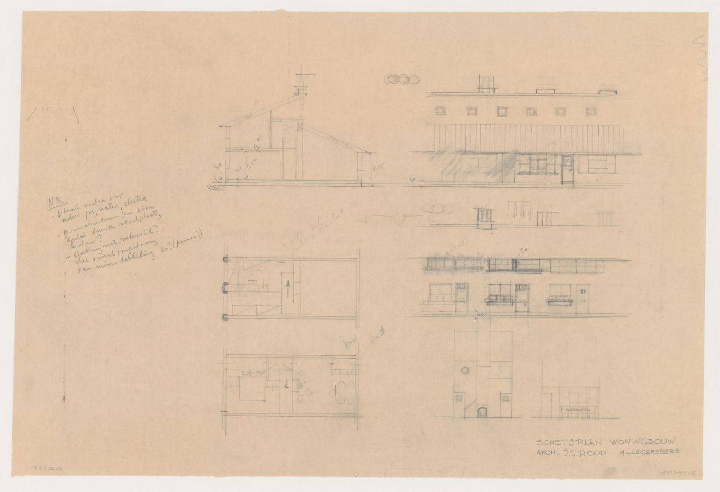 Plans, section, partial sections, and elevations for a house/studio, Hillegersberg, Netherlands