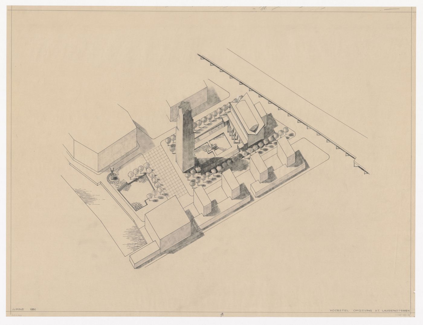 Bird's-eye axonometric for the restoration of St. Lawrence church tower, Rotterdam, Netherlands