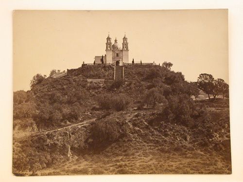View of the Church of Nuestra Señora de los Remedios on the summit of the ruins of the Great Pyramid of Tepanapa, Cholula, Mexico