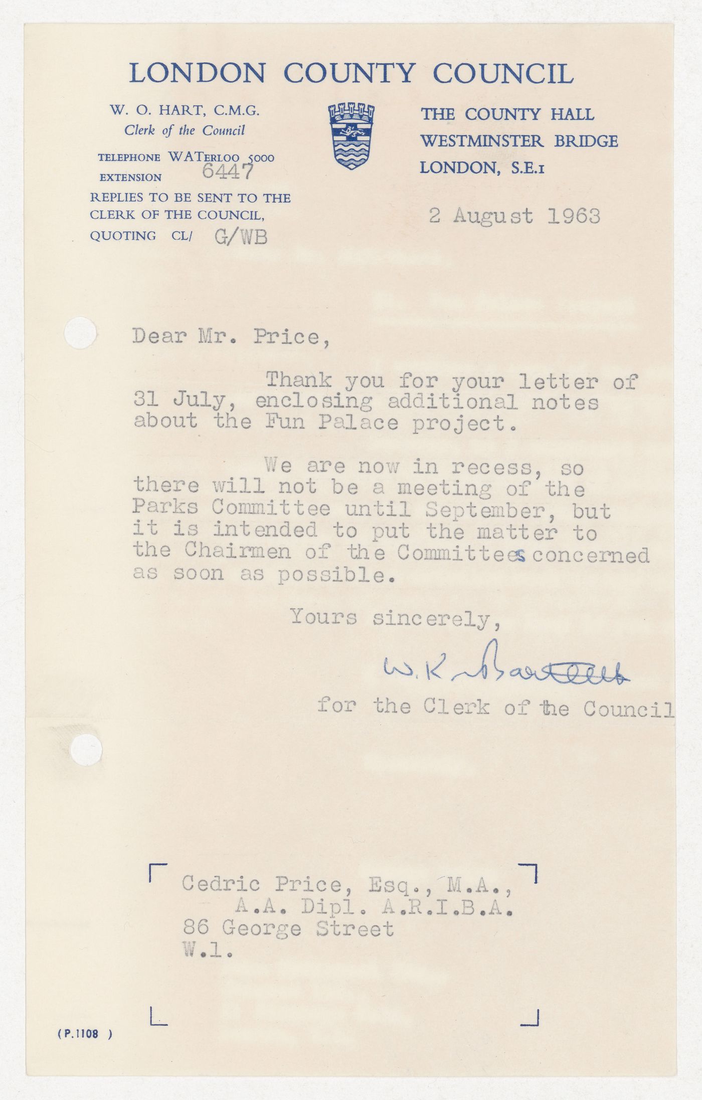 Letter from the Clerk of the London County Council to Cedric Price regarding the Fun Palace Project