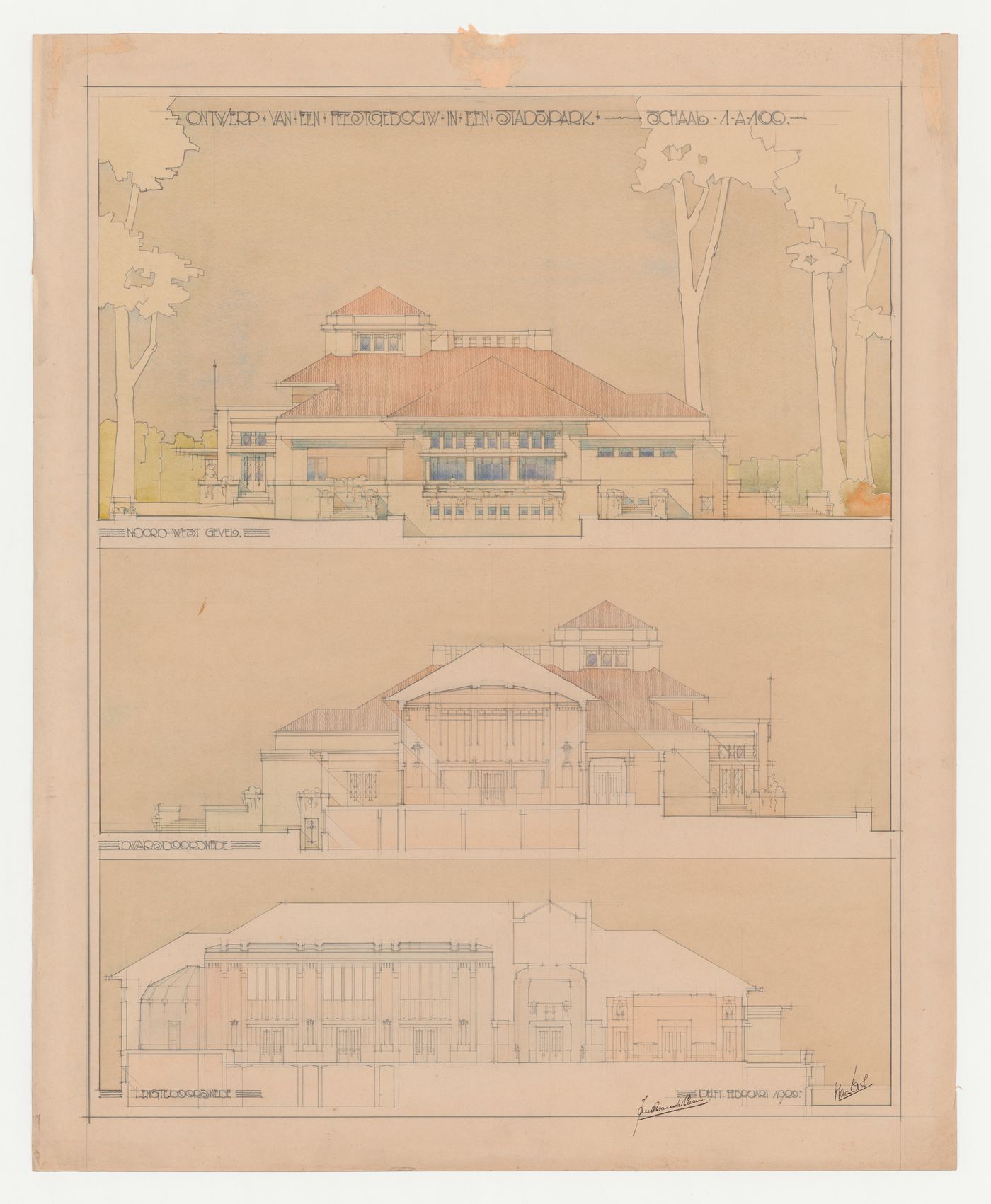 Student presentation drawing showing an elevation, cross section, and longitudinal section for a dance hall in a municipal park, Technische Hogeschool Delft, Netherlands