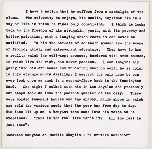 Photograph of a typescript text by W. Somerset Maugham on Charlie Chaplin